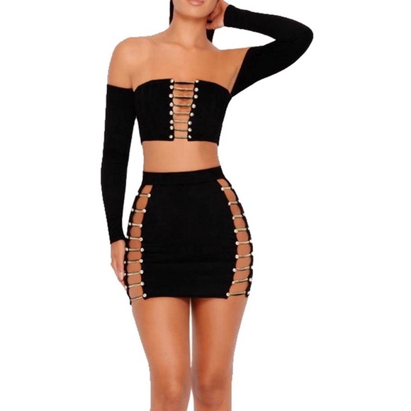 Suede Off-The-Shoulder Two-Piece Set - Picture 1 of 6
